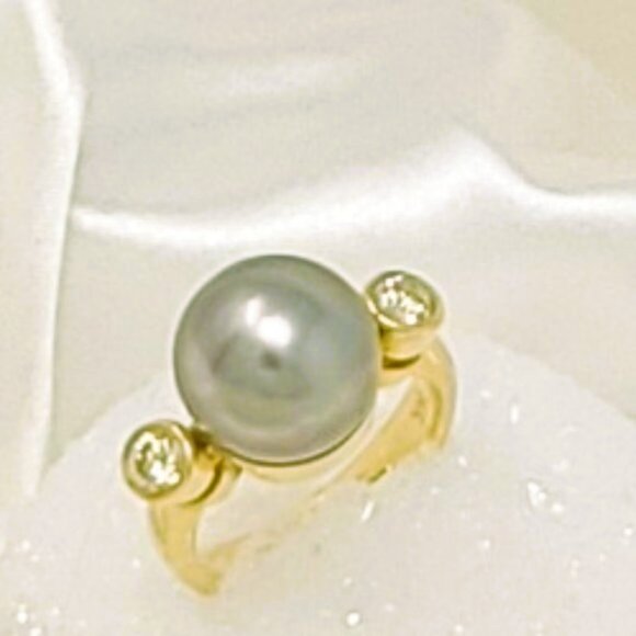 Diamond 0.45 carat BLACK PEARL12mm Ring 14K Yellow Gold - Picture 3 of 4